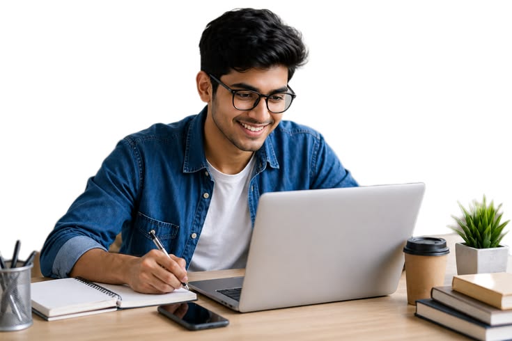 Professional working with AI tools on a laptop
